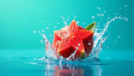Star fruit splashing in vibrant blue water scene closeupの写真素材