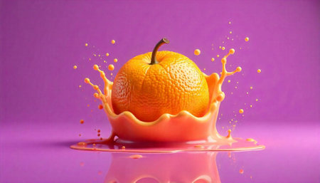 Vibrant orange fruit splash against purple background creating motionの写真素材