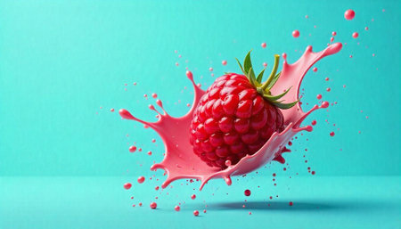 Vibrant raspberry with splashing liquid against a clean background