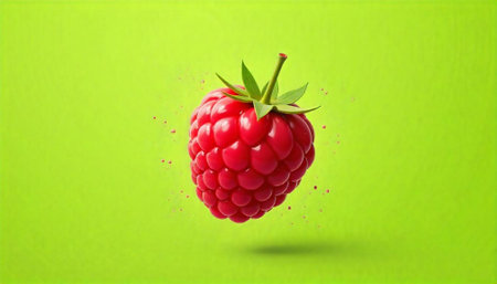 Isolated raspberry floating with small red juice splashes over greenの写真素材