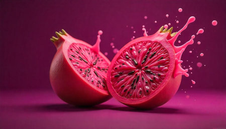 Pomegranate fruit with splashes of juice on purple backgroundの写真素材