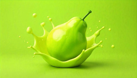 Fresh green pear splash amidst liquid on green backdropの写真素材