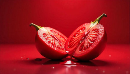 Half of red hot chili pepper on a red background with water drops