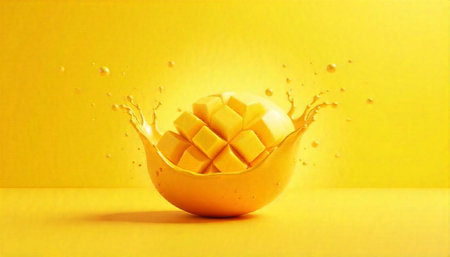 Mango fruit splashing on yellow background. 3d rendering.の写真素材