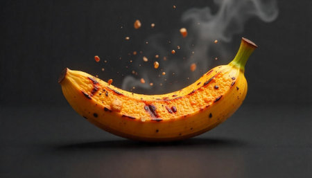 Banana flying in the air with steam on a black background.の写真素材