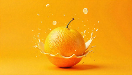 Fresh orange with splash on vivid orange background studio
