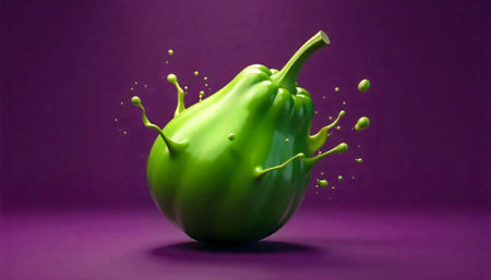 green bell pepper with splashes of juice on a purple background.の写真素材
