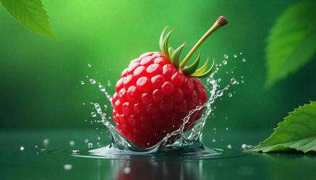Fresh raspberry splashing into water with green background