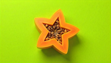 Sliced pumpkin with seeds in shape of star on green background