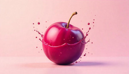 Red apple splashing into a glass of juice on a pink backgroundの写真素材