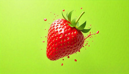 strawberry with juice splashes on green background. 3d illustrationの写真素材