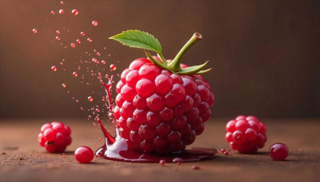 Falling raspberries with drops of chocolate on wooden background.