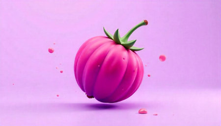 pink tomato with drops on a purple background. 3d illustrationの写真素材