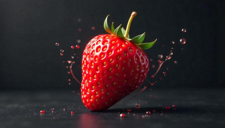 Fresh strawberry with juice on dark reflective surfaceの写真素材