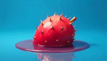 Stylized Spiked Red Sphere Floating on Liquid Surfaceの写真素材