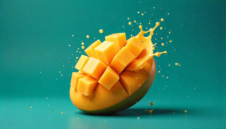Mango with splashes of juice on a green background. Copy spaceの写真素材