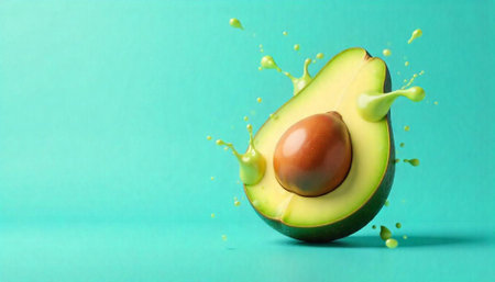 Fresh avocado half with splash on teal background studioの写真素材