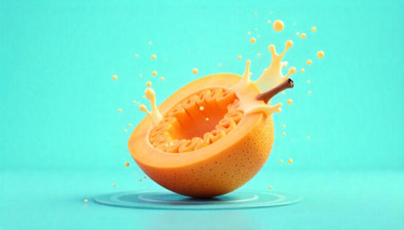 Splash of juice in a half of orange fruit. 3d renderingの写真素材