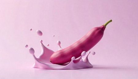 Pink eggplant with liquid splash on a pink backgroundの写真素材