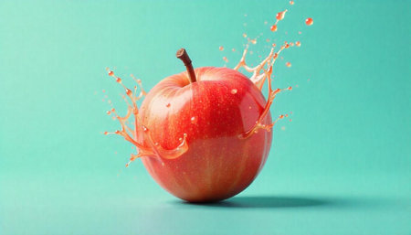 Red apple with splashes of juice on a turquoise backgroundの写真素材