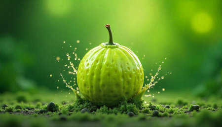 Green fruit with splash surrounded by soft green moss