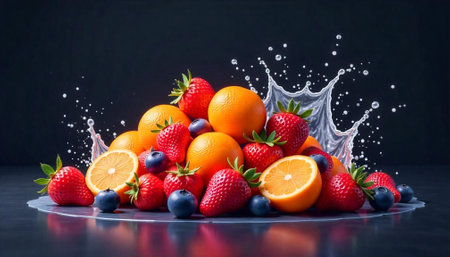 Vibrant mix of fresh fruits with splashing water effectの写真素材