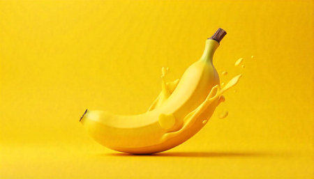 Banana with a splash of juice on a yellow background. 3d renderingの写真素材