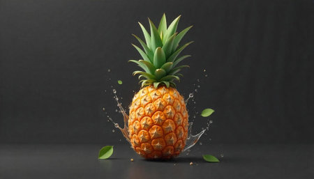 Pineapple with water splash on black background. 3d illustration