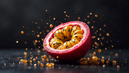 Passion fruit on a black background with flying seeds and drops of water