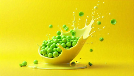 Green peas in a bowl with a splash on a yellow background.の写真素材
