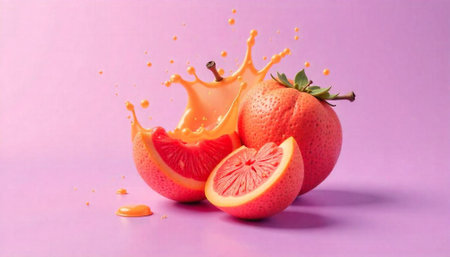 Fruit juice splash with grapefruit and orange slice on purple backgroundの写真素材