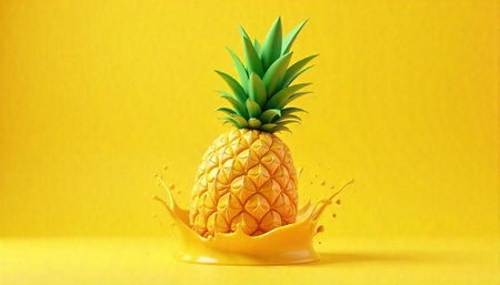 Pineapple in juice splash on yellow background. 3d renderingの写真素材