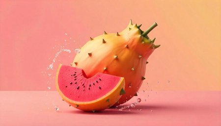 Water splash on a papaya and watermelon on a pink backgroundの写真素材