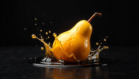 Falling pear into water with splashes isolated on black background.の写真素材