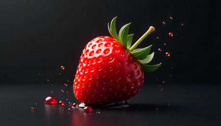 Elegant strawberry with droplets on a dark reflective surfaceの写真素材