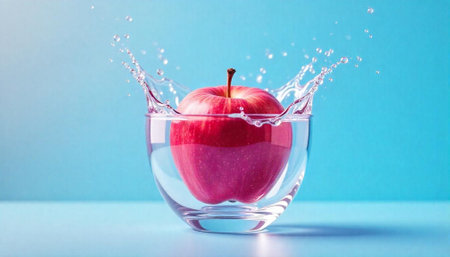 Red apple falling into a glass of water with a splash on blue backgroundの写真素材