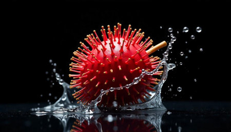 Red object on a black background with splashes and drops of waterの写真素材