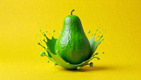 Vibrant green pear with paint splash against yellow backdropの写真素材