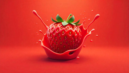 Strawberry splash in smooth red paint or liquidの写真素材