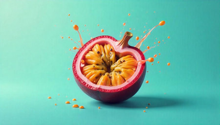 Passion fruit and juice splash on turquoise background. Copy spaceの写真素材