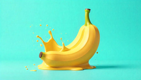 banana splashing on a blue background with copy space for textの写真素材
