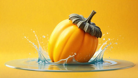 Pumpkin with splashes of water on a yellow background.の写真素材
