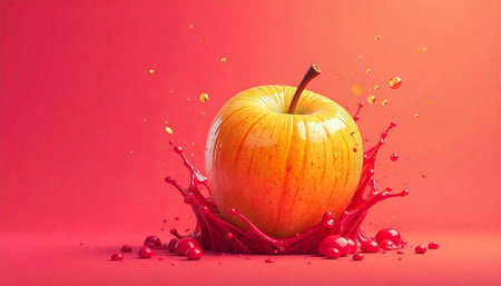Golden apple with splashing juice on red backgroundの写真素材