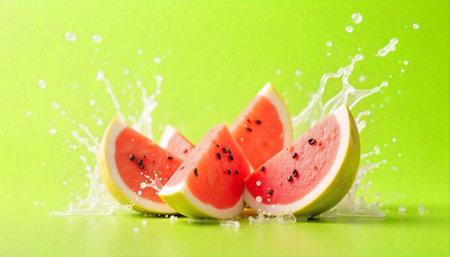 Watermelon slices with water splashes on green background, closeupの写真素材