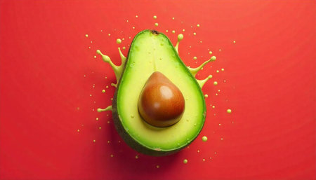 Avocado with a drop of oil on a red background. 3d renderingの写真素材