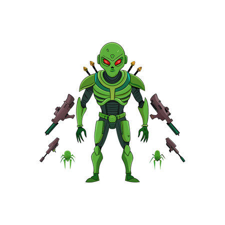 Armed alien warrior with laser guns and insect dronesのイラスト素材