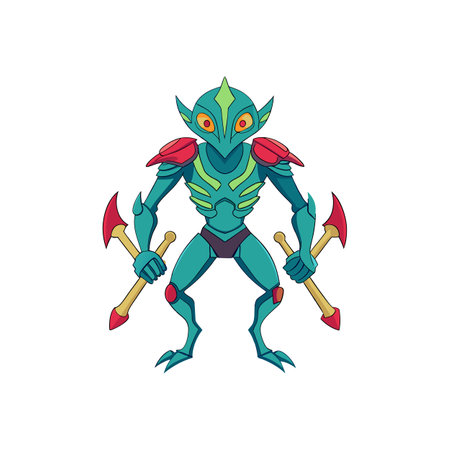 Cartoon alien warrior holding axes, isolated on white backgroundのイラスト素材