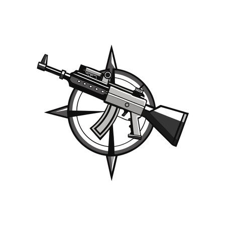 Stylized assault rifle emblem featuring navigation compass elementsのイラスト素材