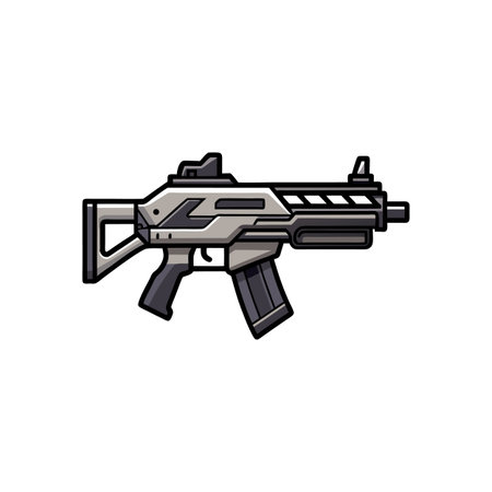 Stylized assault rifle illustration with black outlines and flat design