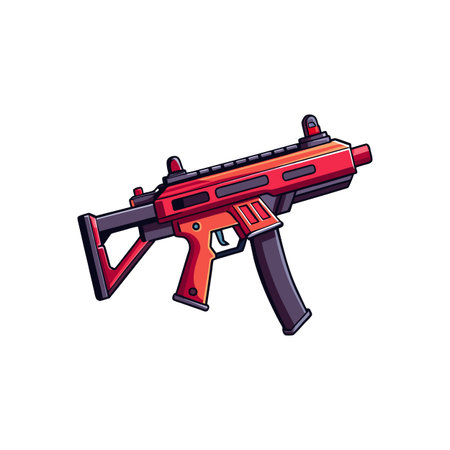 Stylized submachine gun illustration against a stark white backdrop
